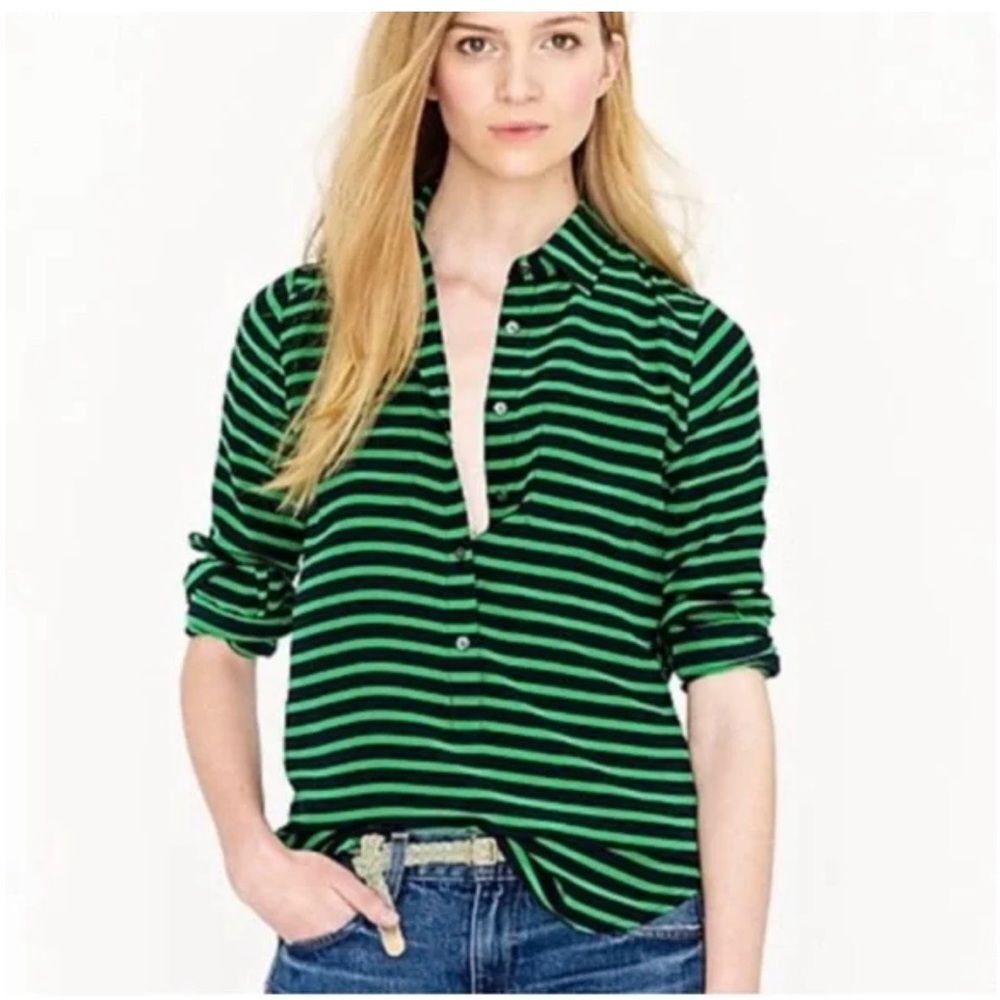 J. Crew Silk Polly Popover in Stripe Crepe de Chine Kelly Green & Blue Size 2